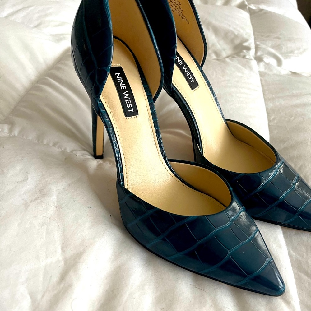 Teal crocodile print heels